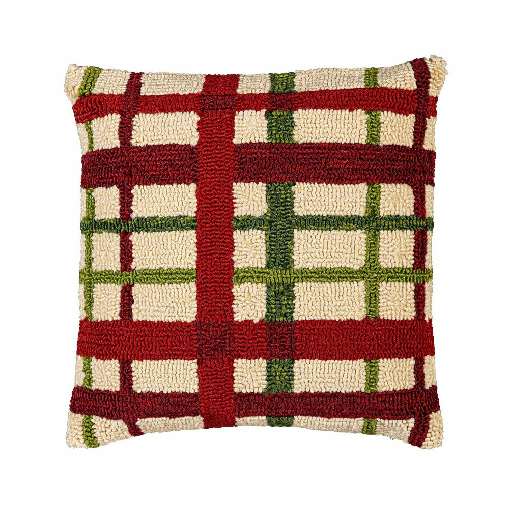 Indoor/Outdoor Hooked Pillow Christmas Plaid Polypropylene, 18"x18" | Plow & Hearth