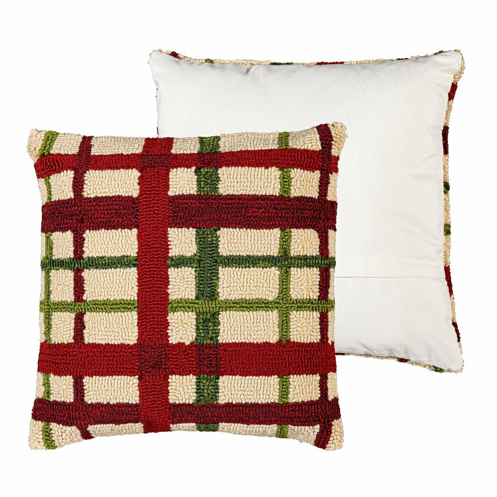 Indoor/Outdoor Hooked Pillow Christmas Plaid Polypropylene, 18"x18" | Plow & Hearth