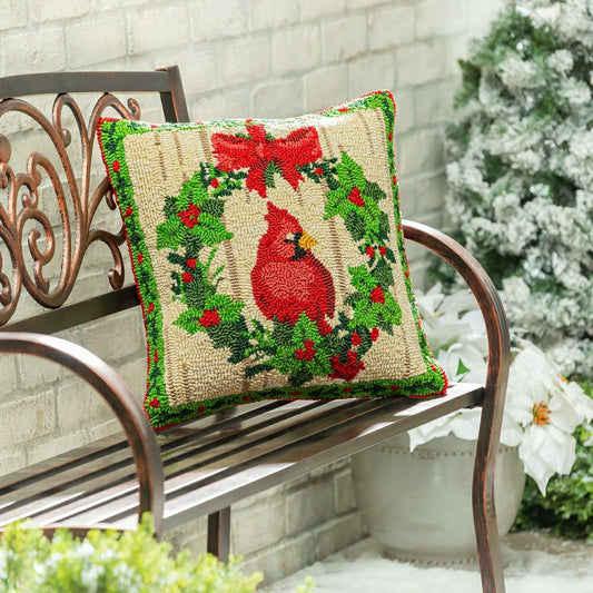 Indoor/Outdoor Hooked Pillow Cardinal Joy Polypropylene, 18"x18" | Plow & Hearth