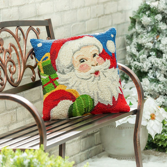 Indoor/Outdoor Hooked Pillow Santa Polypropylene, 18"x18" | Plow & Hearth