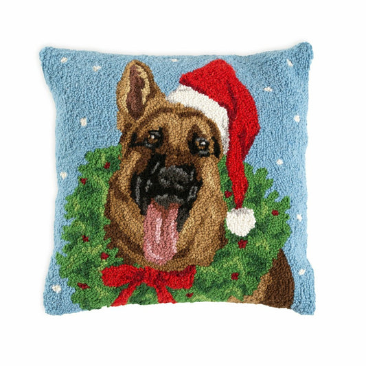 Holiday German Shepherd with Wreath Hand-Hooked Wool Throw Pillow | Plow & Hearth