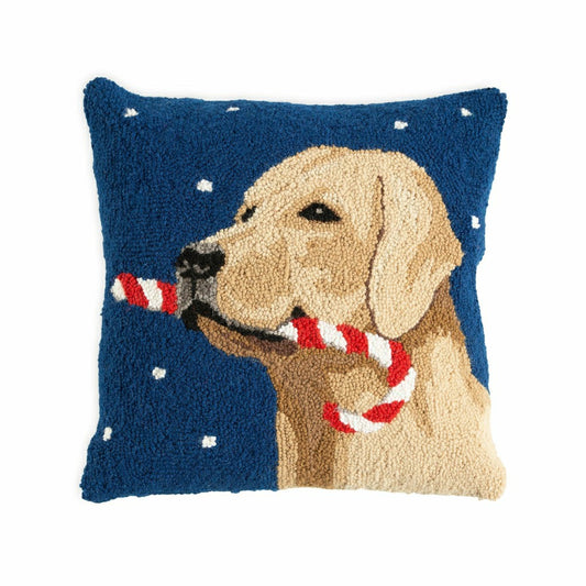 Holiday Yellow Lab with Candy Cane Hand-Hooked Wool Throw Pillow | Plow & Hearth