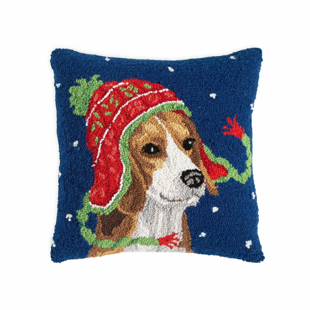 Holiday Beagle with Knit Hat Hand-Hooked Wool Throw Pillow | Plow & Hearth