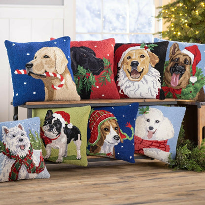 Holiday Beagle with Knit Hat Hand-Hooked Wool Throw Pillow | Plow & Hearth