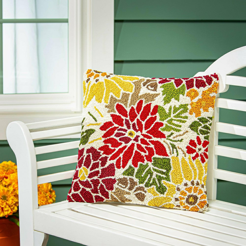 Indoor/Outdoor Fall Florals Hooked Polypropylene Throw Pillow 18"x18" | Plow & Hearth