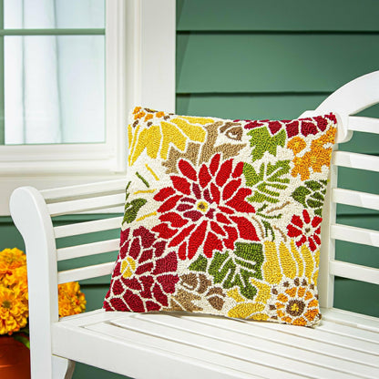 Indoor/Outdoor Fall Florals Hooked Polypropylene Throw Pillow 18"x18" | Plow & Hearth