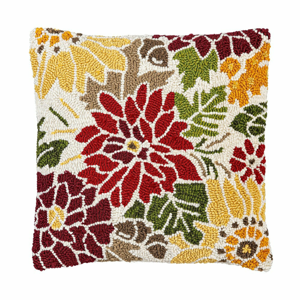 Indoor/Outdoor Fall Florals Hooked Polypropylene Throw Pillow 18"x18" | Plow & Hearth