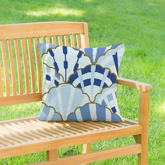 Blue Coastal Shells Pattern Indoor/Outdoor Hooked Pillow 18"x18" | Plow & Hearth