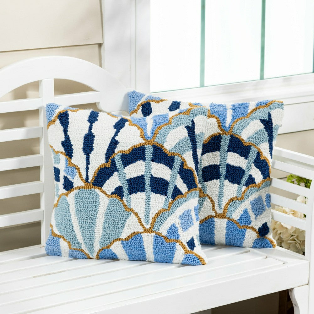 Blue Coastal Shells Pattern Indoor/Outdoor Hooked Pillow 18"x18" | Plow & Hearth
