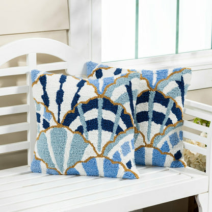 Blue Coastal Shells Pattern Indoor/Outdoor Hooked Pillow 18"x18" | Plow & Hearth