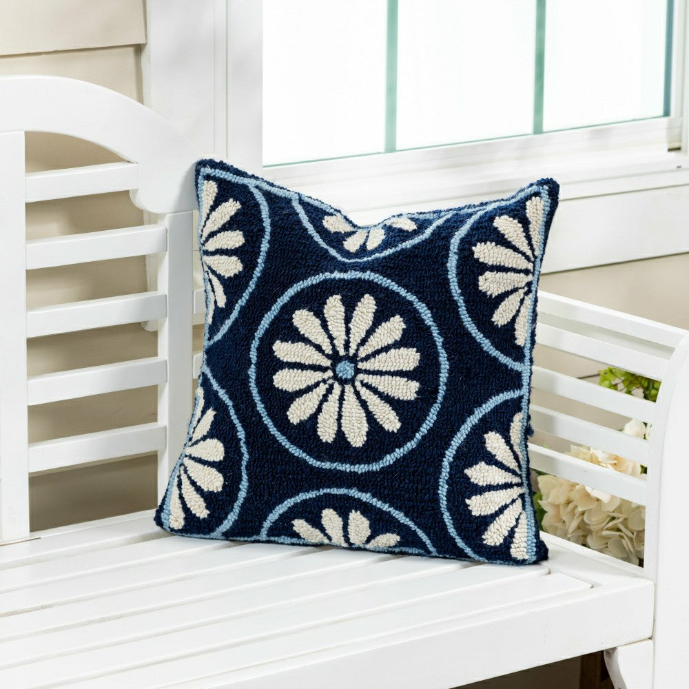 Blue Coastal Indoor/Outdoor Hooked Pillow 18"x18" | Plow & Hearth