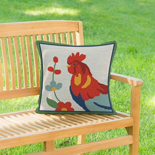 Floral Rooster Indoor/Outdoor Hooked Pillow 18"x18" | Plow & Hearth