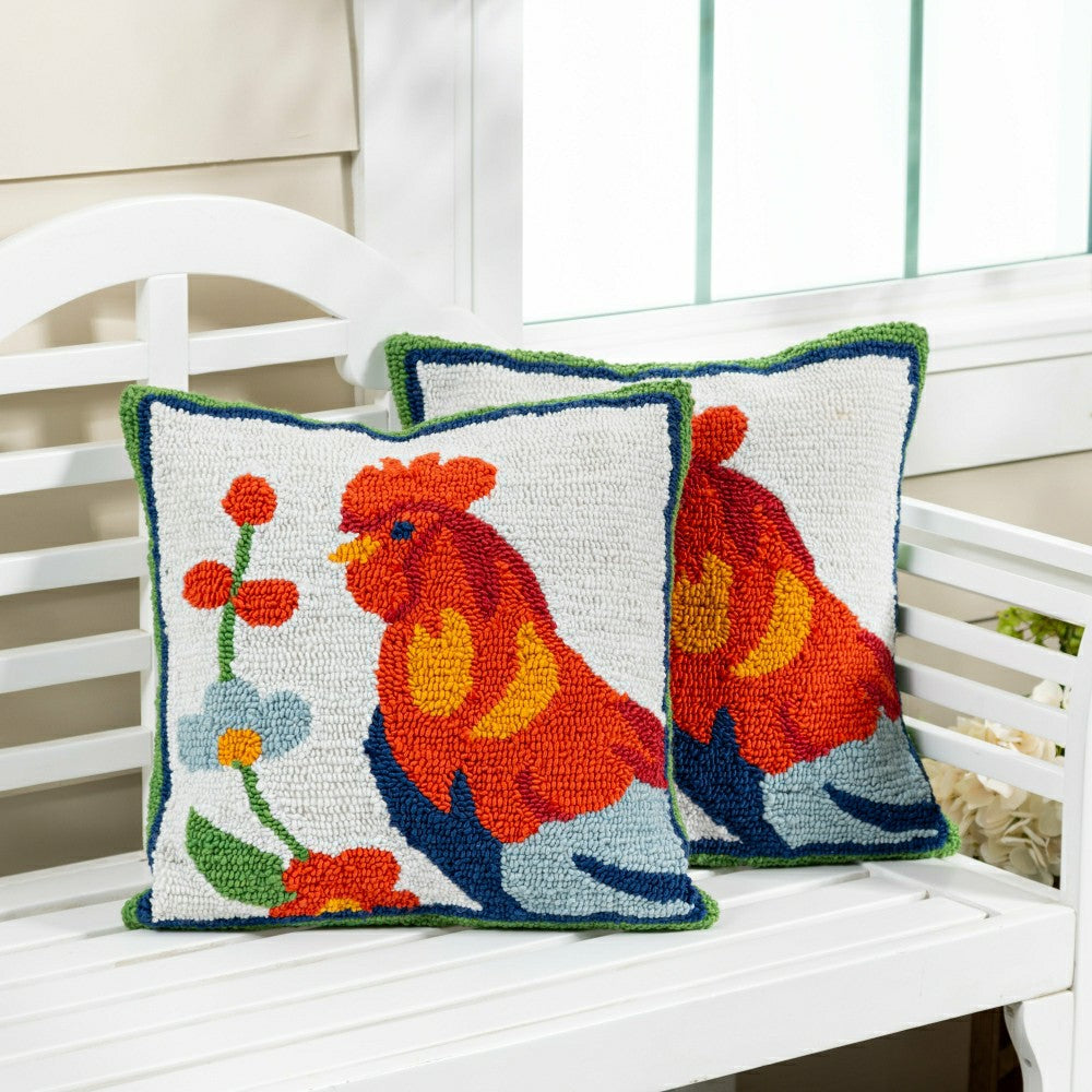 Floral Rooster Indoor/Outdoor Hooked Pillow 18"x18" | Plow & Hearth