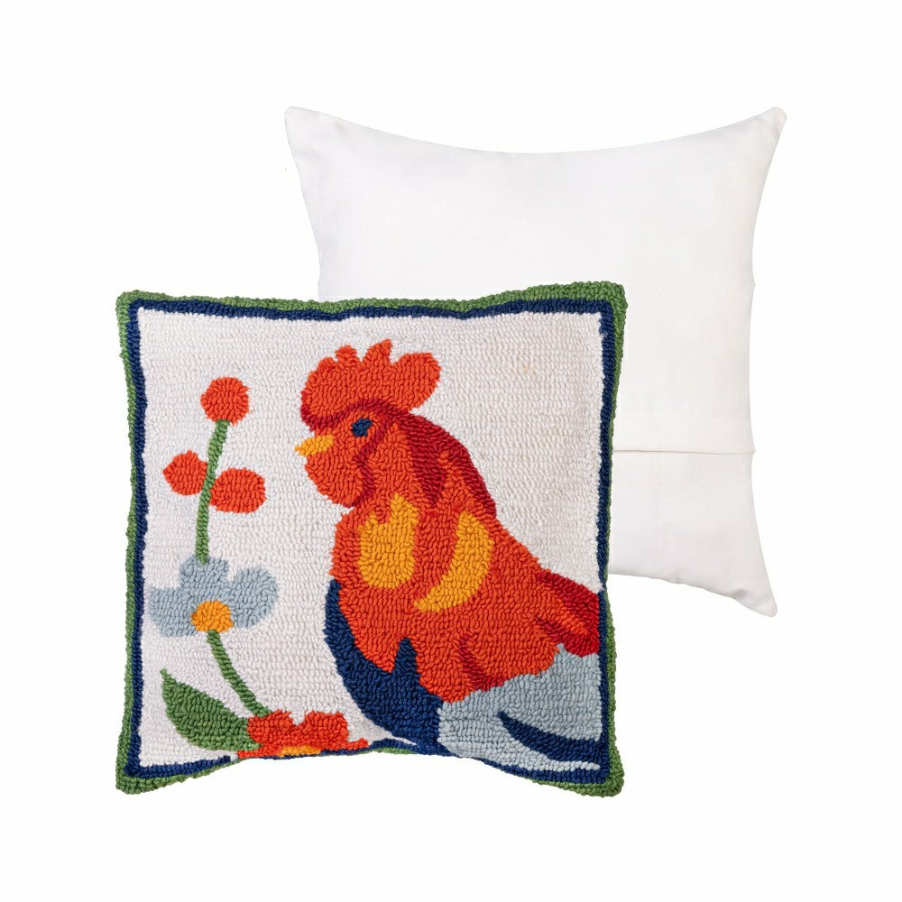 Floral Rooster Indoor/Outdoor Hooked Pillow 18"x18" | Plow & Hearth