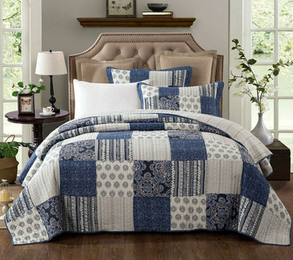Bohemian Denim Blue Elegance Patchwork Cotton Bedspread Set | Plow & Hearth