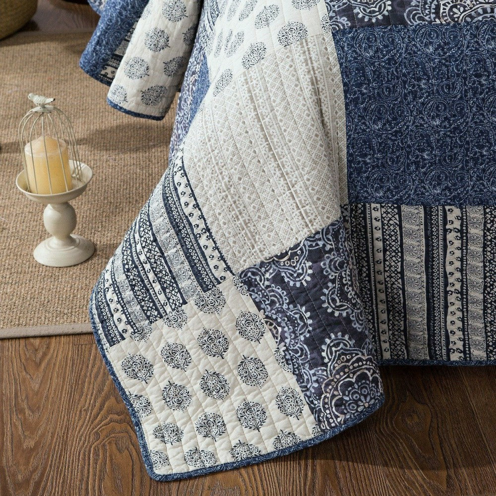 Bohemian Denim Blue Elegance Patchwork Cotton Bedspread Set | Plow & Hearth