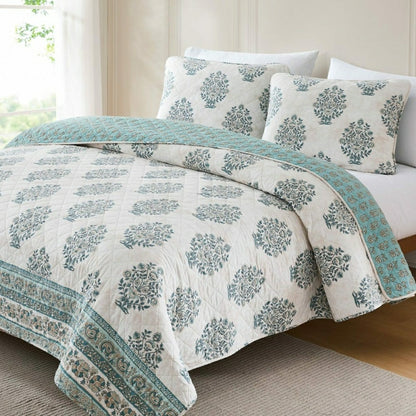 Sofia Flower Block Bouquet Reversible Cotton Quilt 3Pc Set | Plow & Hearth