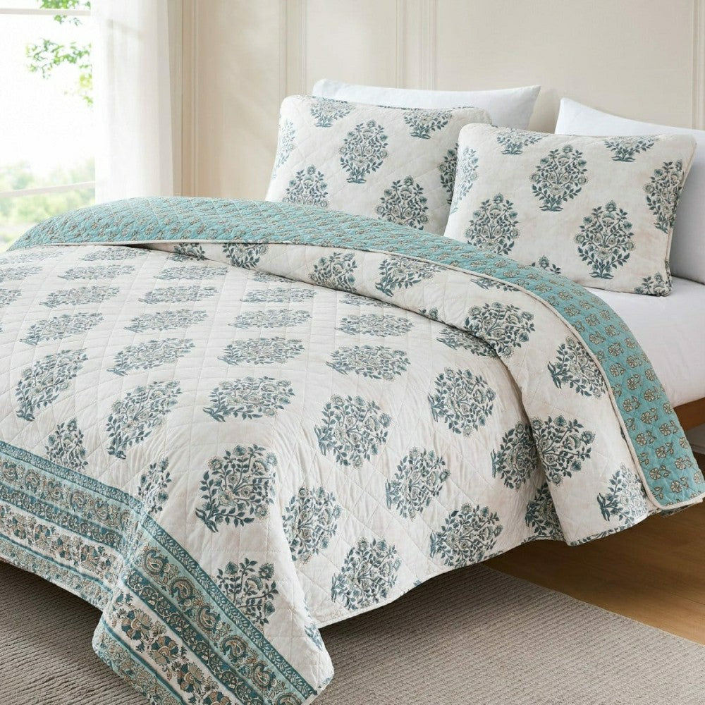 Sofia Flower Block Bouquet Reversible Cotton Quilt 3Pc Set | Plow & Hearth