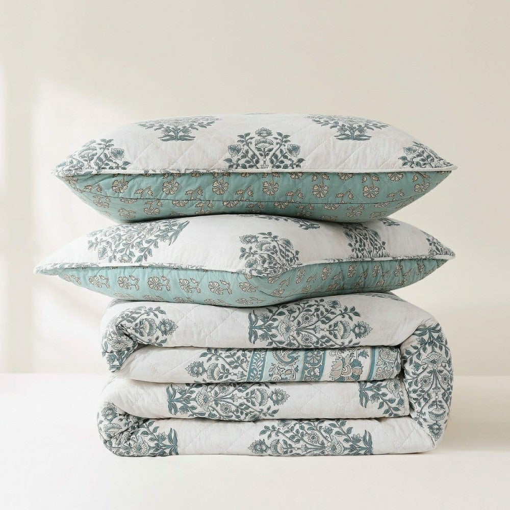 Sofia Flower Block Bouquet Reversible Cotton Quilt 3Pc Set | Plow & Hearth
