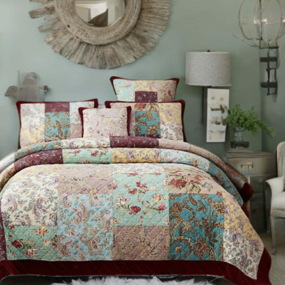 Bohemian Burgundy Paisley Patchwork Cotton Bedspread Set | Plow & Hearth
