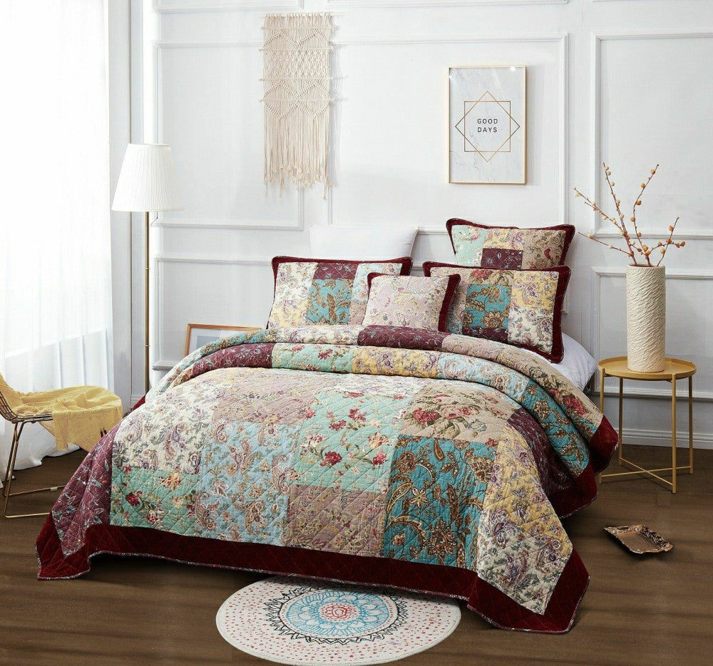 Bohemian Burgundy Paisley Patchwork Cotton Bedspread Set | Plow & Hearth