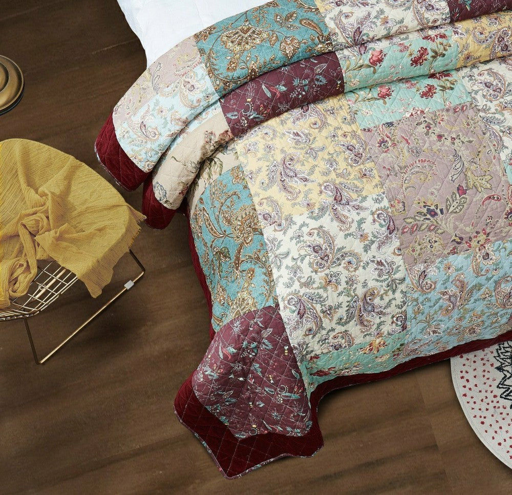 Bohemian Burgundy Paisley Patchwork Cotton Bedspread Set | Plow & Hearth