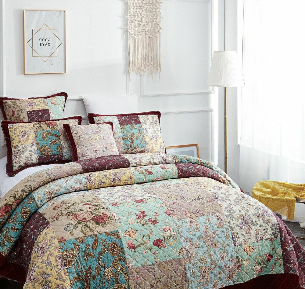Bohemian Burgundy Paisley Patchwork Cotton Bedspread Set | Plow & Hearth