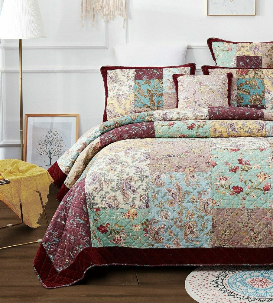 Bohemian Burgundy Paisley Patchwork Cotton Bedspread Set | Plow & Hearth
