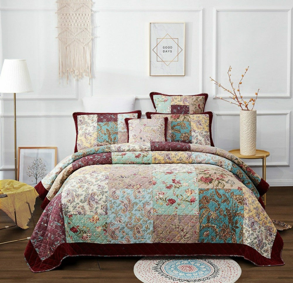 Bohemian Burgundy Paisley Patchwork Cotton Bedspread Set | Plow & Hearth