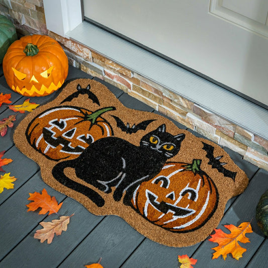 Pumpkin Patch Cat Shaped Coir Mat | Plow & Hearth