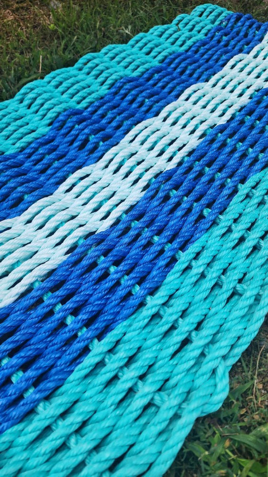 5 Stripe Lobster Rope Mat Teal, Blue and Seafoam | Plow & Hearth