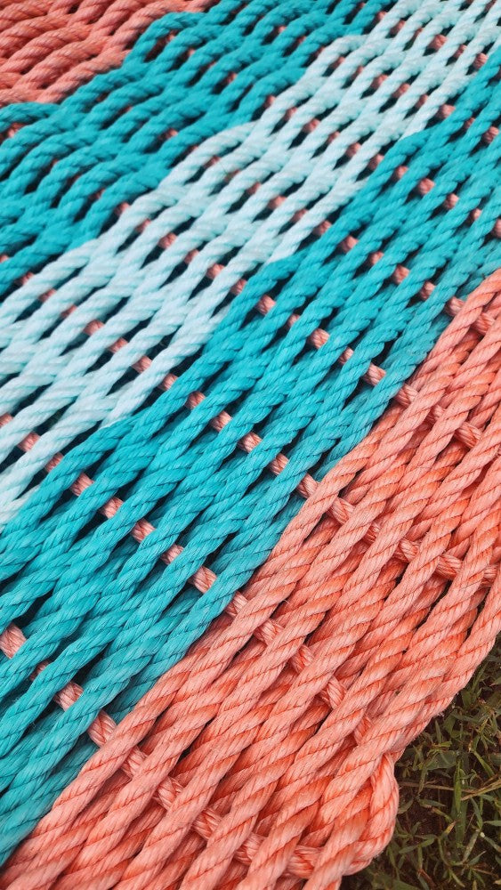 5 Stripe Lobster Rope Mat Orange Teal and Seafoam | Plow & Hearth