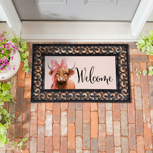 Blossom The Bowtiful Highland Cow Sassafras Switch Mat | Plow & Hearth