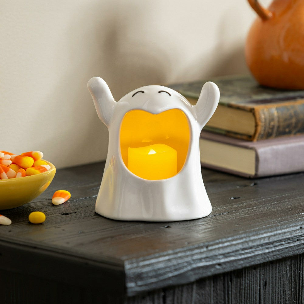 Ceramic Happy Ghost Tealight Candle Holder | Plow & Hearth