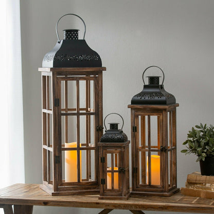 Set of 3 Nested Wood and Metal Lanterns w LED Candle | Plow & Hearth