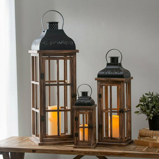 Set of 3 Nested Wood and Metal Lanterns w LED Candle | Plow & Hearth