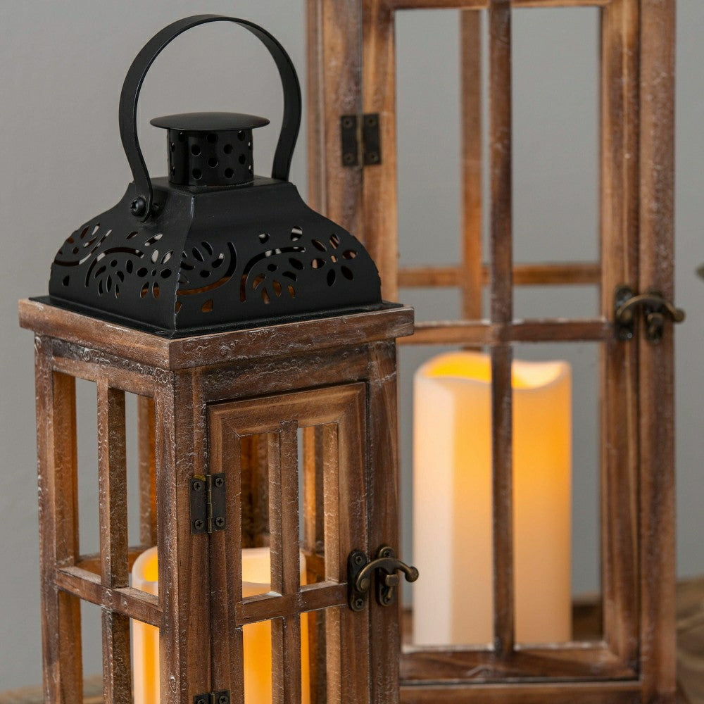 Set of 3 Nested Wood and Metal Lanterns w LED Candle | Plow & Hearth