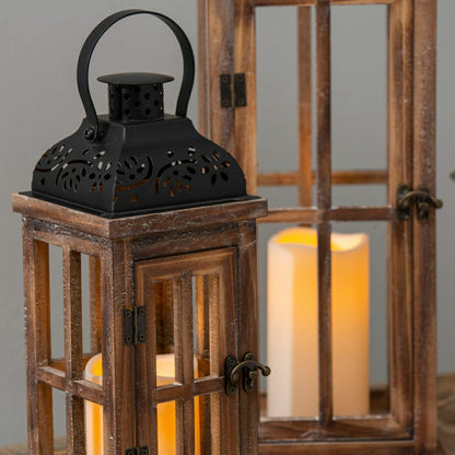 Set of 3 Nested Wood and Metal Lanterns w LED Candle | Plow & Hearth