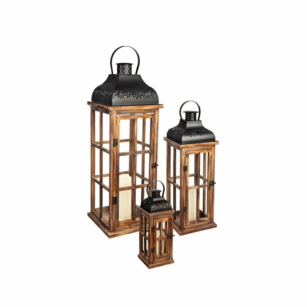 Set of 3 Nested Wood and Metal Lanterns w LED Candle | Plow & Hearth