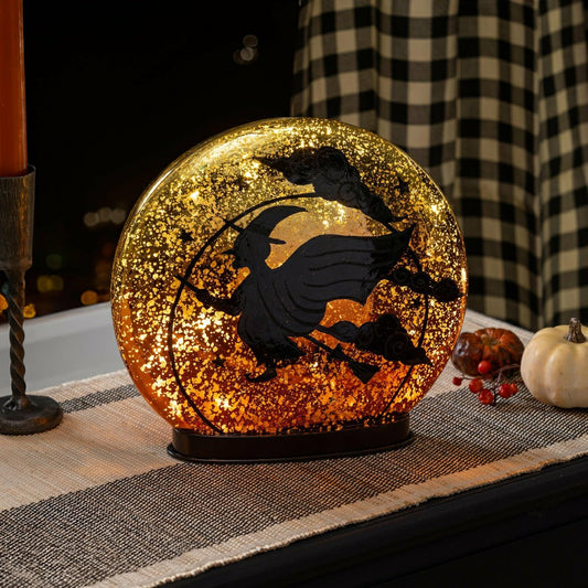 Witch on Broom LED Crackle Glass Table Décor, 9.75"H | Plow & Hearth