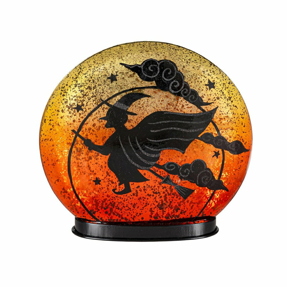 Witch on Broom LED Crackle Glass Table Décor, 9.75"H | Plow & Hearth