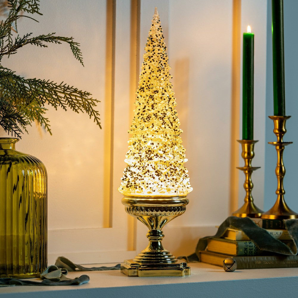 Shades of Emerald LED Table Decor Glitter Tree Spinning Acrylic Lanter | Plow & Hearth