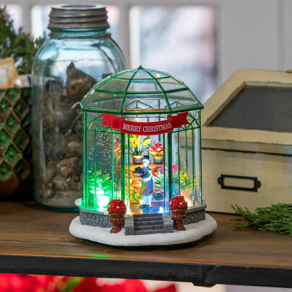 Holly Homestead LED Table Decor Resin Greenhouse with Music, 7.5" | Plow & Hearth
