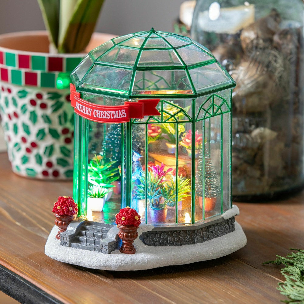 Holly Homestead LED Table Decor Resin Greenhouse with Music, 7.5" | Plow & Hearth