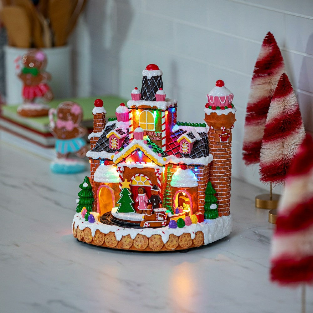 Sugar & Stripes Bright LED Table Decor Resin Gingerbread House and Tra | Plow & Hearth