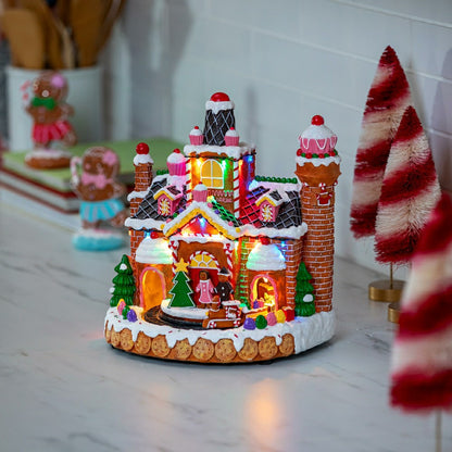 Sugar & Stripes Bright LED Table Decor Resin Gingerbread House and Tra | Plow & Hearth
