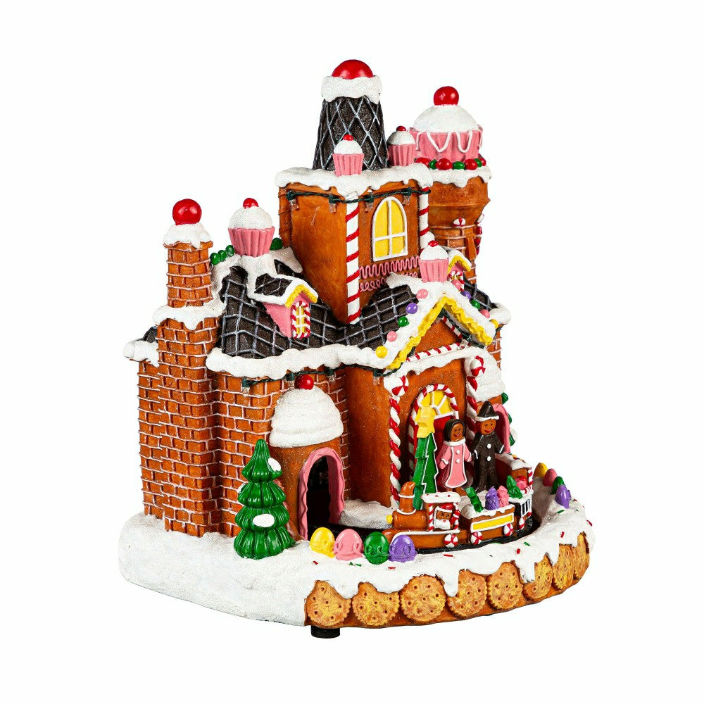 Sugar & Stripes Bright LED Table Decor Resin Gingerbread House and Tra | Plow & Hearth
