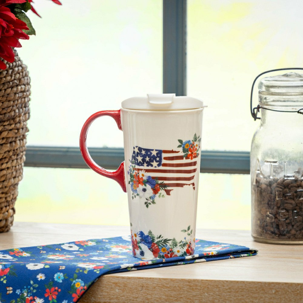 Red, White, & Bloom Ceramic Perfect Cup, Blooming USA, 17oz, Gift Box | Plow & Hearth
