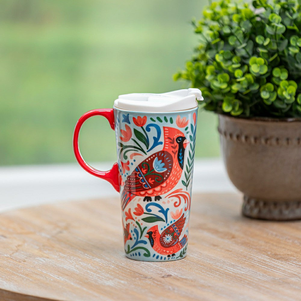 Folk Cardinal Ceramic Perfect Cup, 17oz, Gift Box | Plow & Hearth