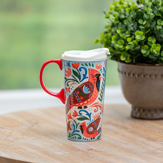 Folk Cardinal Ceramic Perfect Cup, 17oz, Gift Box | Plow & Hearth